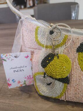 NWT Handcrafted Indian Beaded Pink & White Striped Green Apple Shoulder Bag